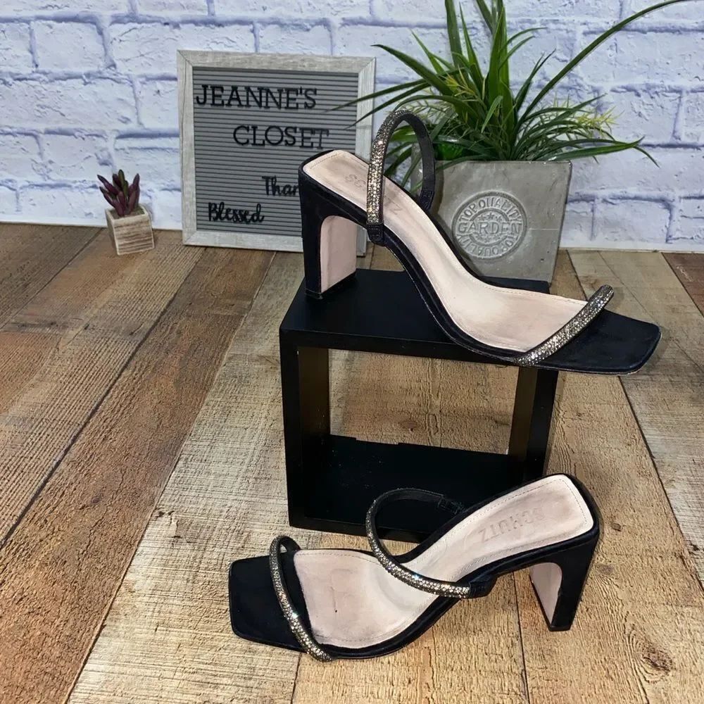 Schutz Salwa Black Suede Rhinestone Open Toe Thin Strap Heel Mule Sandal 8.5